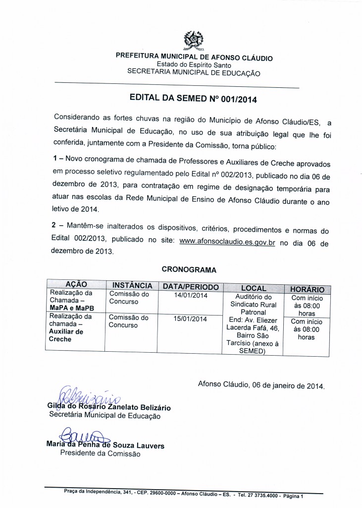 EDITAL 001 2014 - CHAMADA